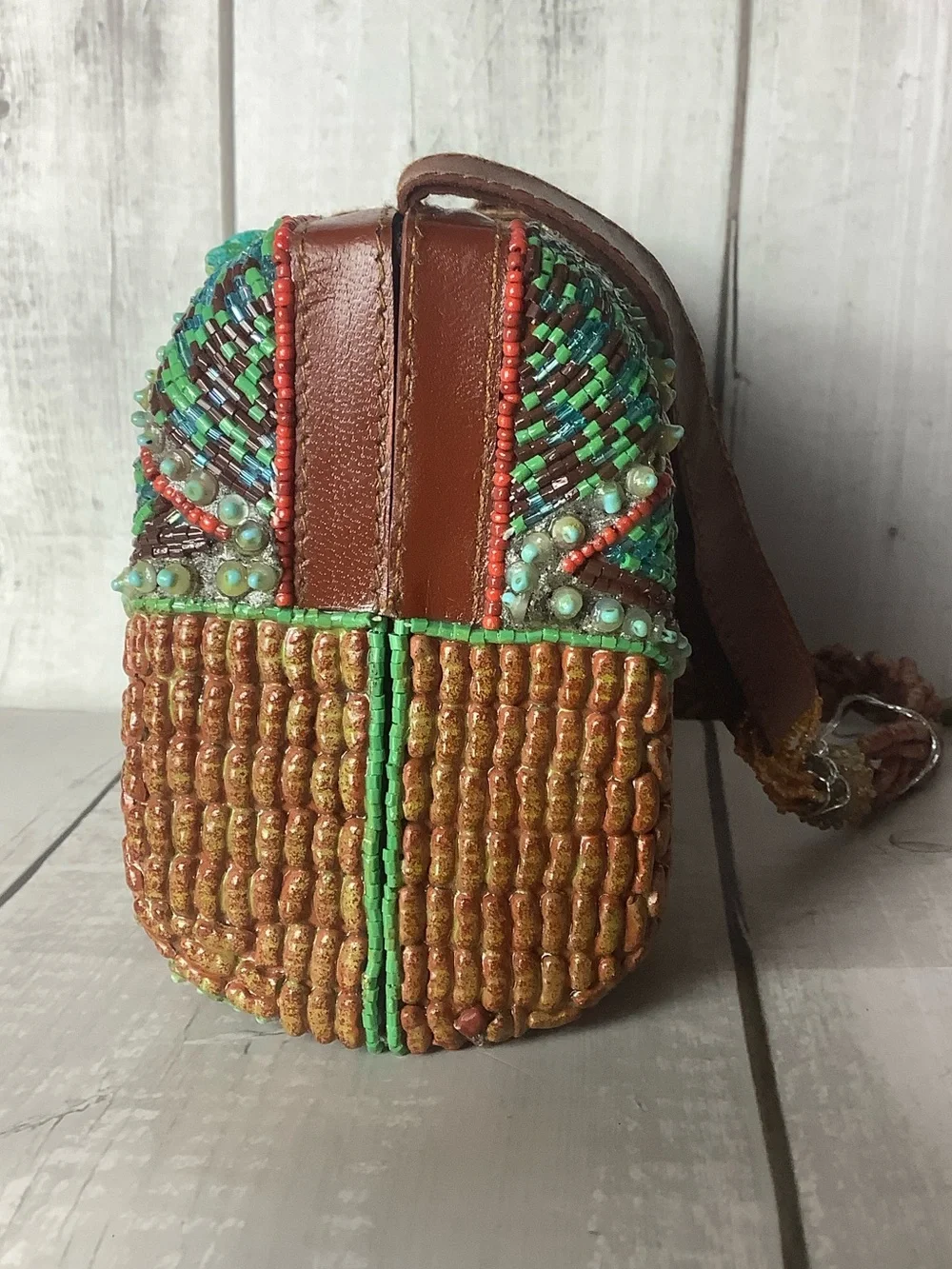 Mary Frances Brown Leather Crossbody with Turquoise and Red Beadwork